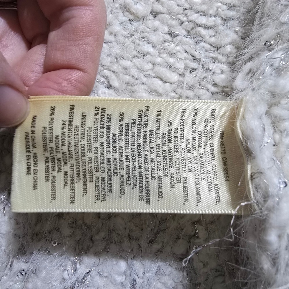 Sleeping on Snow Cardigan XS Ivory Faux Fur Collar Metallic Knit Open Front - Picture 6 of 6